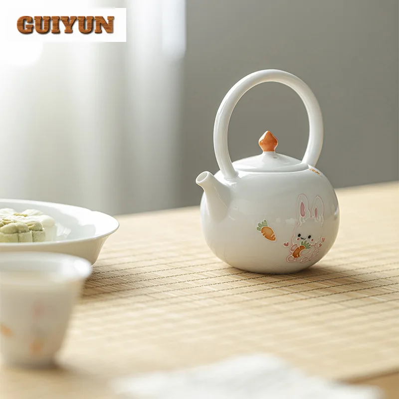 250 мл ручная роспись милый кролик обруч ручка чайник из Нефритовой глины белый
