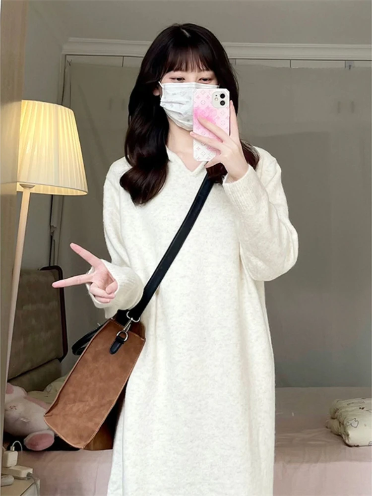 

New in Autumn Winter Women's Sweater Dresses Fashion Korean Version Long Sleeved Hooded Pullover Commuting Women's Clothing
