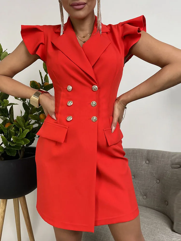 

Lady Elegant Double Breasted Slim Blazer Mini Dress Women Ruffle Butterfly Sleeve Party Dresses Commute Fashion Solid Work Dress