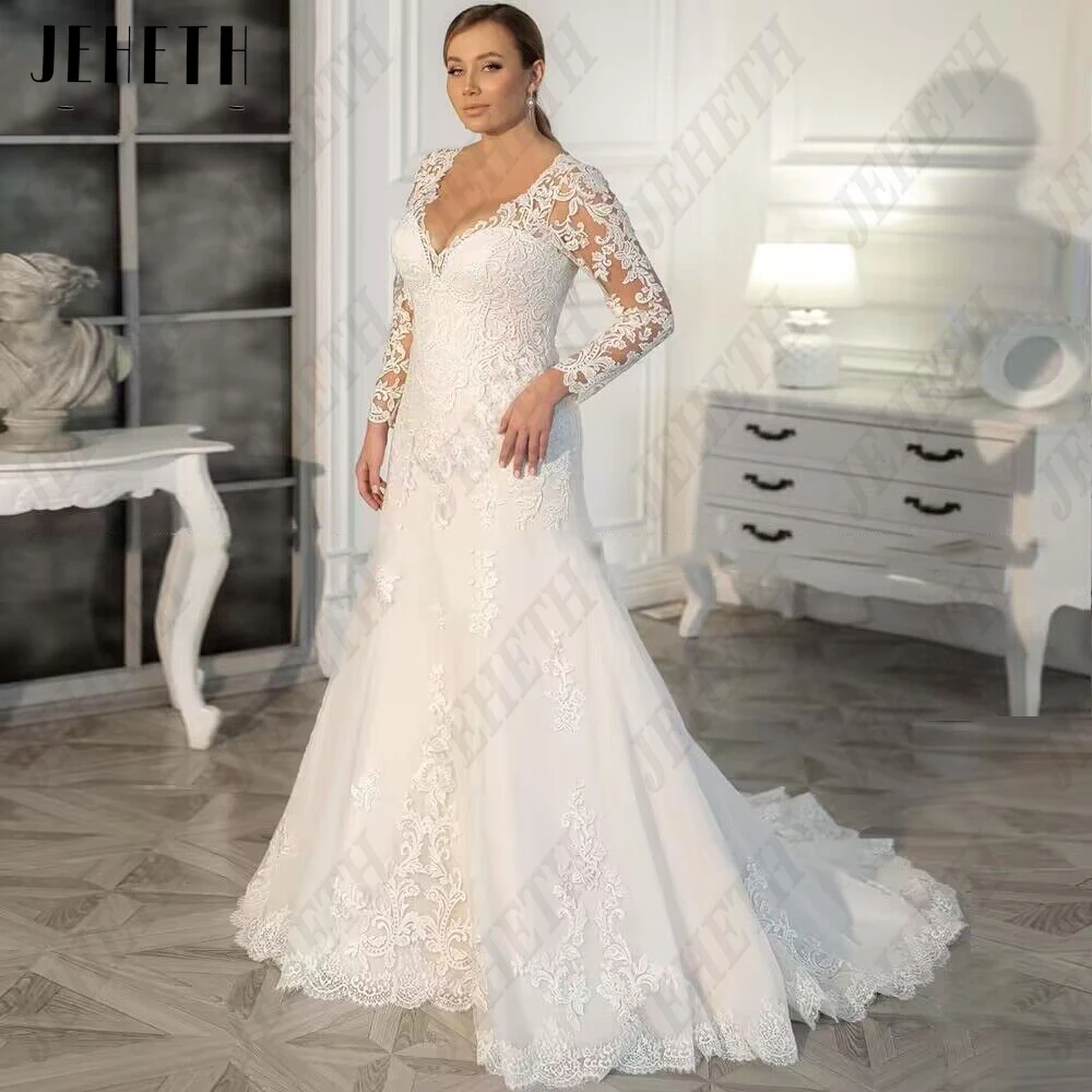 

JEHETH Modern Mermaid Wedding Dresses Plus Size Long Sleeves V-Neck Bride Gowns Applique Tulle vestidos de novia Plus Size