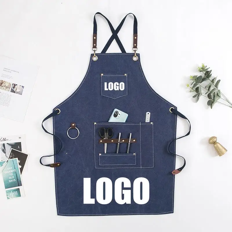 Apron Custom Logo Diy Fashion Unisex Work Apron Men Canvas Black Apron Bib Adjustable Cooking Kitchen Apron Women With Tool Bag