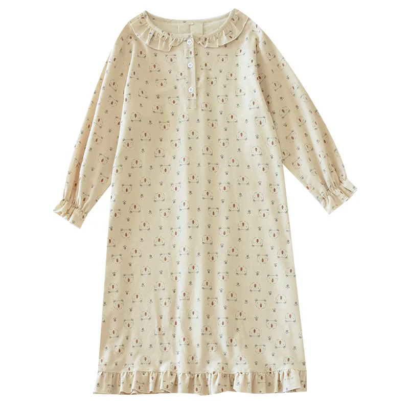 

Pure Cotton Frosted Nightdress Spring And Autumn Long Sleeve Doll Neck Pullover Skirt Korean Girls Cotton Long Skirt Printed Thi