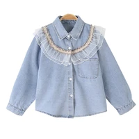 new kids girls princess shirts fashion children jeans long sleeve blouses cotton lace patchwork denim tops for teenage 6 8 12yrs