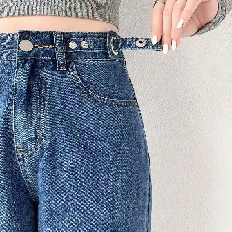 High waist adjustable jeans women's spring and autumn new high street loose wide leg show thin versatile spicy girls' draping pa