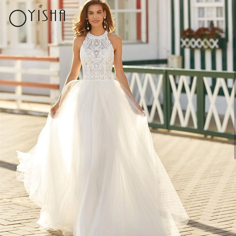 

Oyisha Boho Wedding Dress 2023 Vintage Halter Lace Appliques Backless Bridal Gowns Simple Sweep Train Robe De Mariee Custom Made