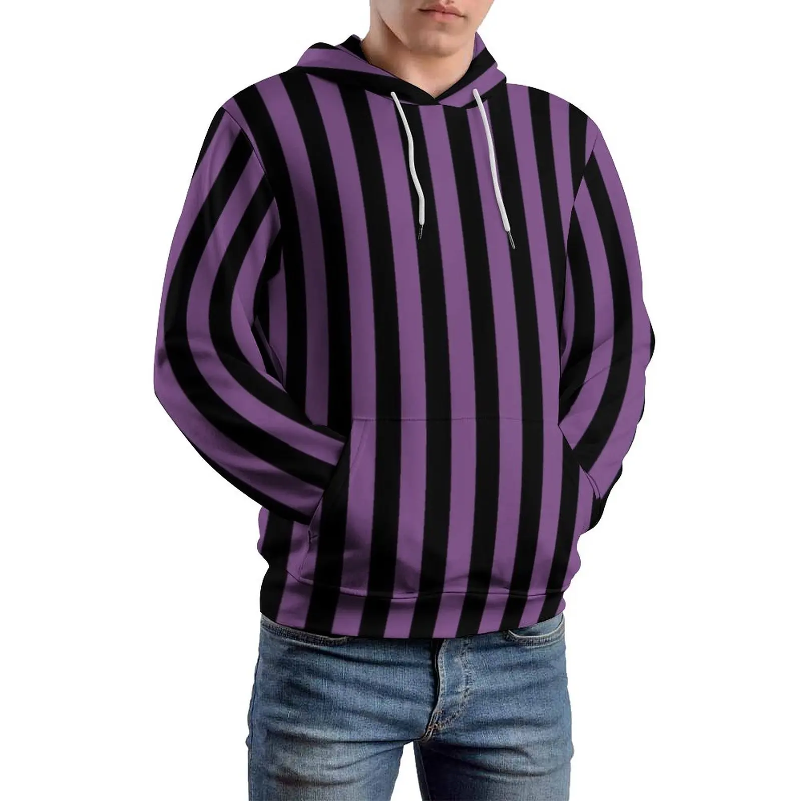 

Black And Purple Line Casual Hoodies Unisex Vertical Stripe Print Fashion Hoodie Long-Sleeve Pretty Design Hooded Sweatshirts