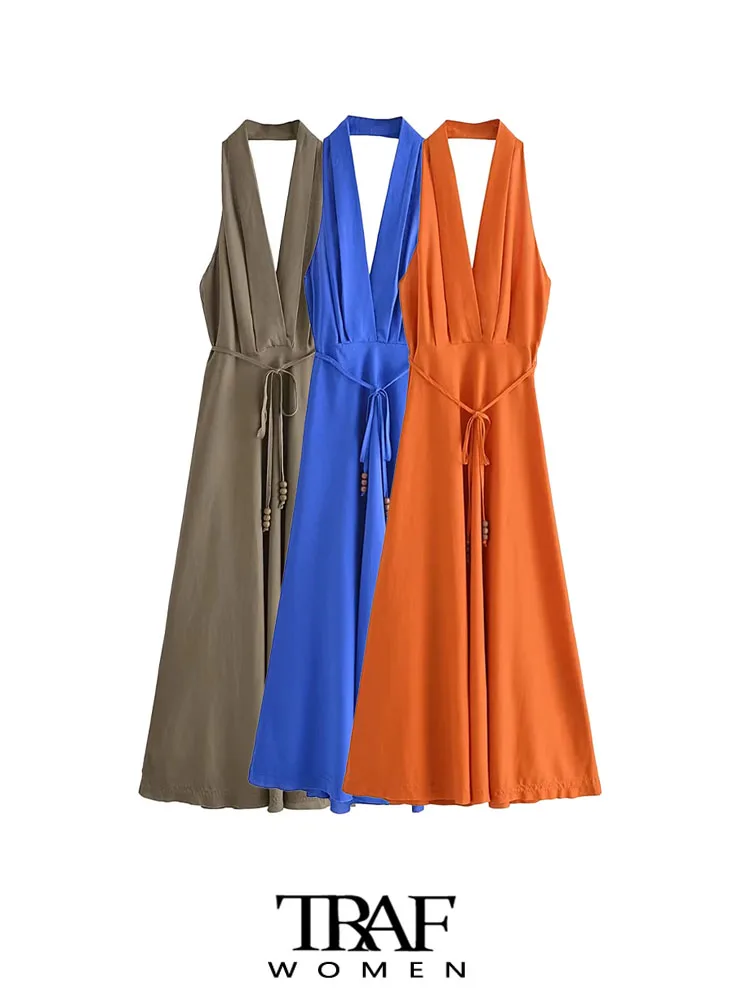 

TRAF Women Fashion With Tied Belt Linen Halterneck Midi Dress Sexy Backless Side Zipper Female Dresses Vestidos Mujer