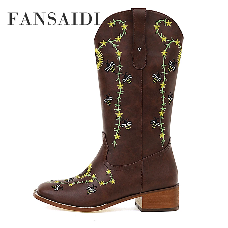 

FANSAIDI Winter Woman New Fashion Sexy New Square Toe Consice Shoes Boots 4CM Block Heels Half Boots 42 43 44 45 46 47 48