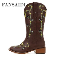 fansaidi winter woman new fashion sexy new square toe consice shoes boots 4cm block heels half boots 42 43 44 45 46 47 48