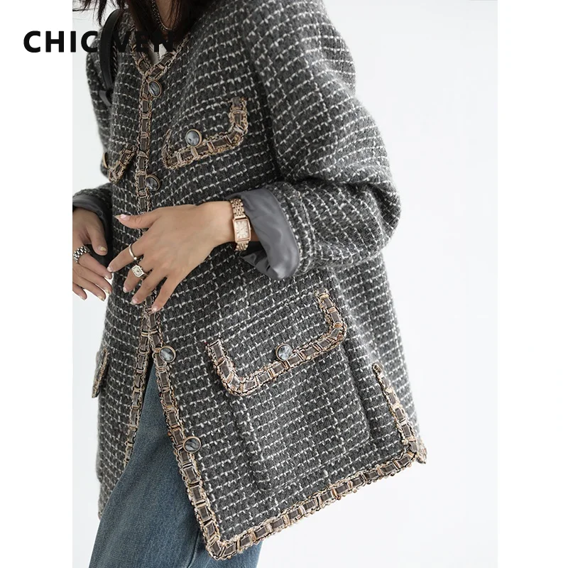 

CHIC VEN Fashion Women's Jacket Woolen Plaid Woman Blazer Vintage Tweed Outerwear Female Top Autumn Winter 2022