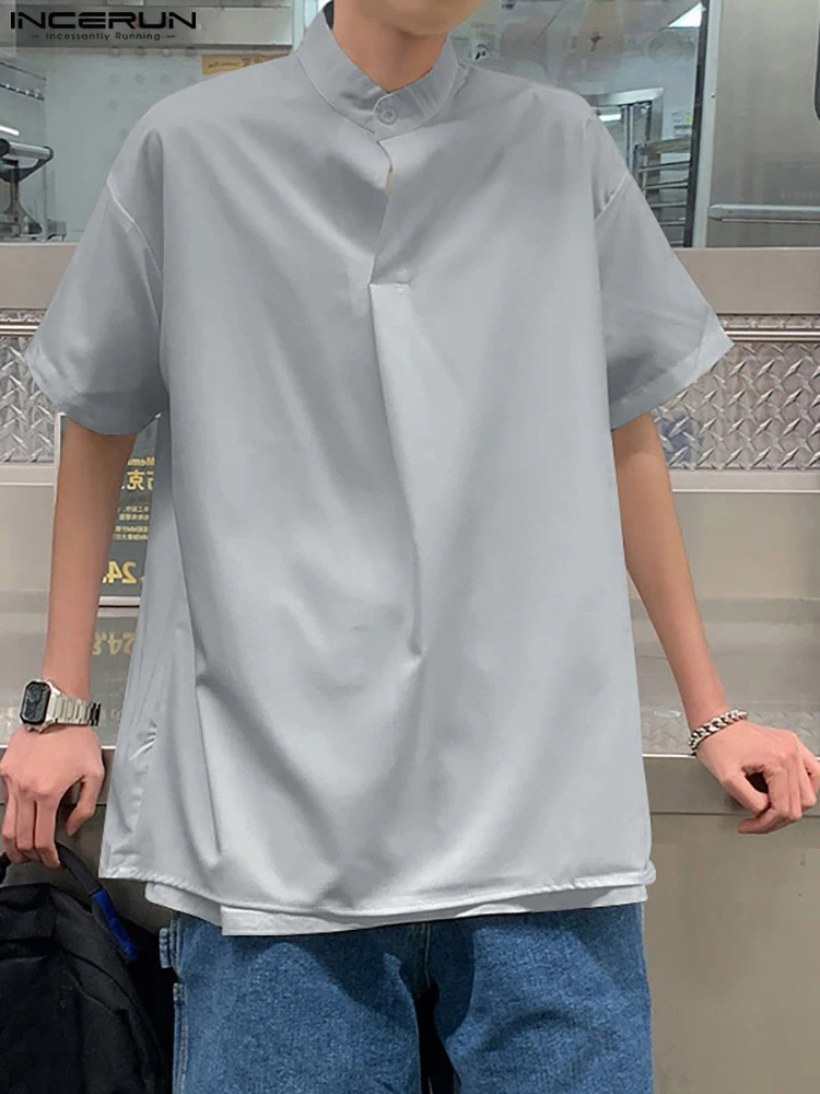

INCERUN Men Shirt Solid Color Stand Collar Short Sleeve Streetwear 2022 Summer Casual Men Clothing Korean Leisure Shirts S-5XL