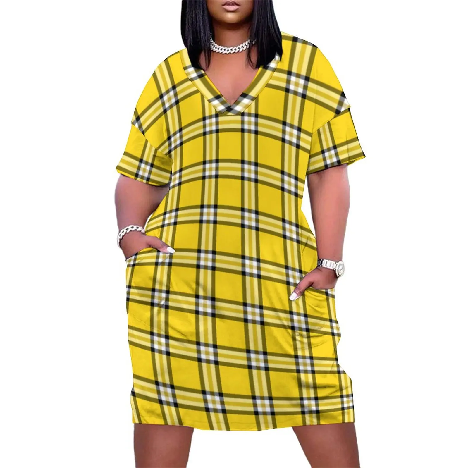 Yellow Plaid Tartan Casual Dress Women Retro Print Cute Dresses Summer Short Sleeve Aesthetic Graphic Dress Plus Size 4XL 5XL