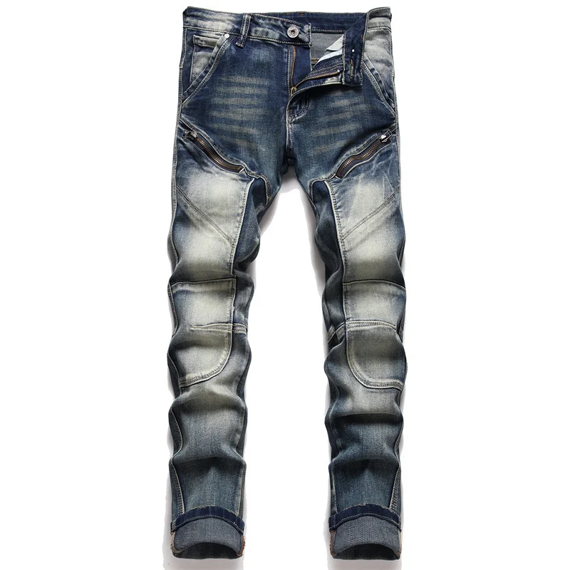

Pactchwork Trousers For Men Jeans Streetwear Denim Pants Trend Brand Casual Solid Biker Simple Design Man Motorcycle Jean Male
