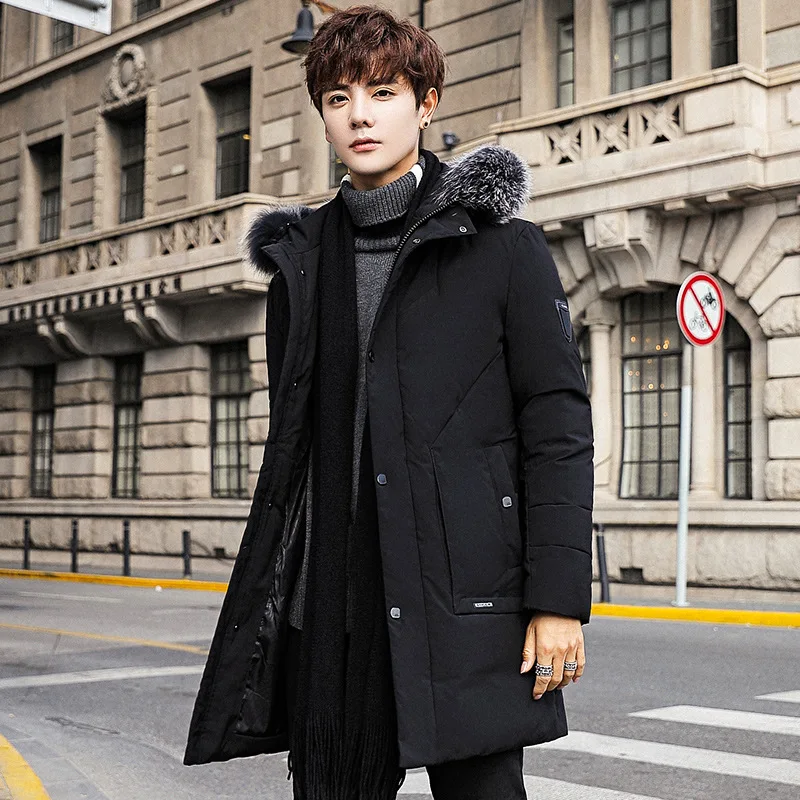 Autumn/Winter 2022 Men's long Down jacket 100% white eiderdown hooded large fur collar fashion youth coat
