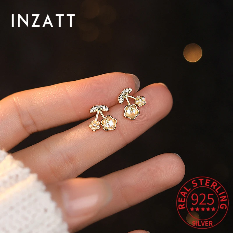 

INZATT Real 925 Sterling Silver Zircon CZ Pearl Cherry Plant Stud Earrings for Women Trendy Fine Jewelry Minimalist Accessories