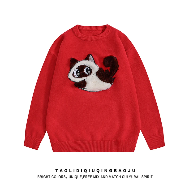 Японский модный пуловер с милым мультяшным котом и круглым вырезом женский