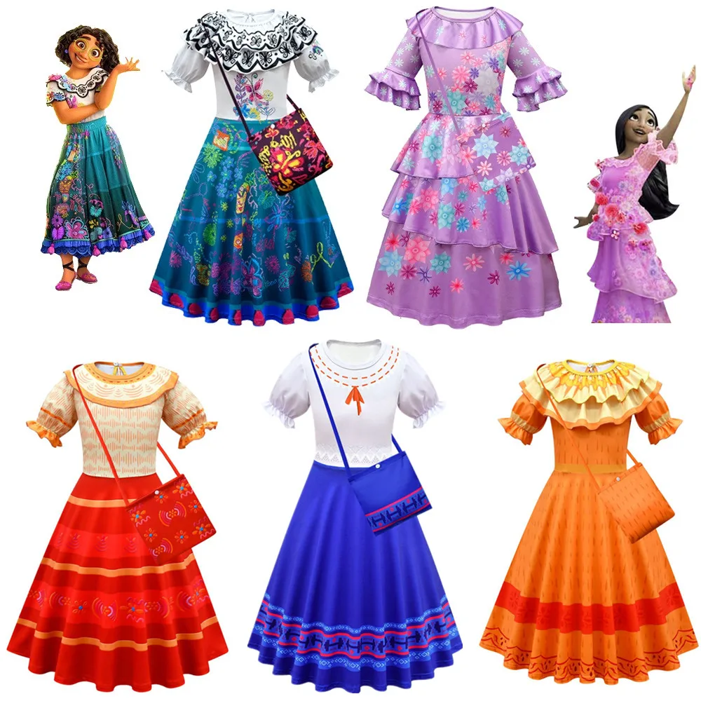 

Newest Girls Encanto Mirabel Madrigal Cosplay Costumes Fancy Princess Dresses Children Birthday Carnival Party Clothing and Bag