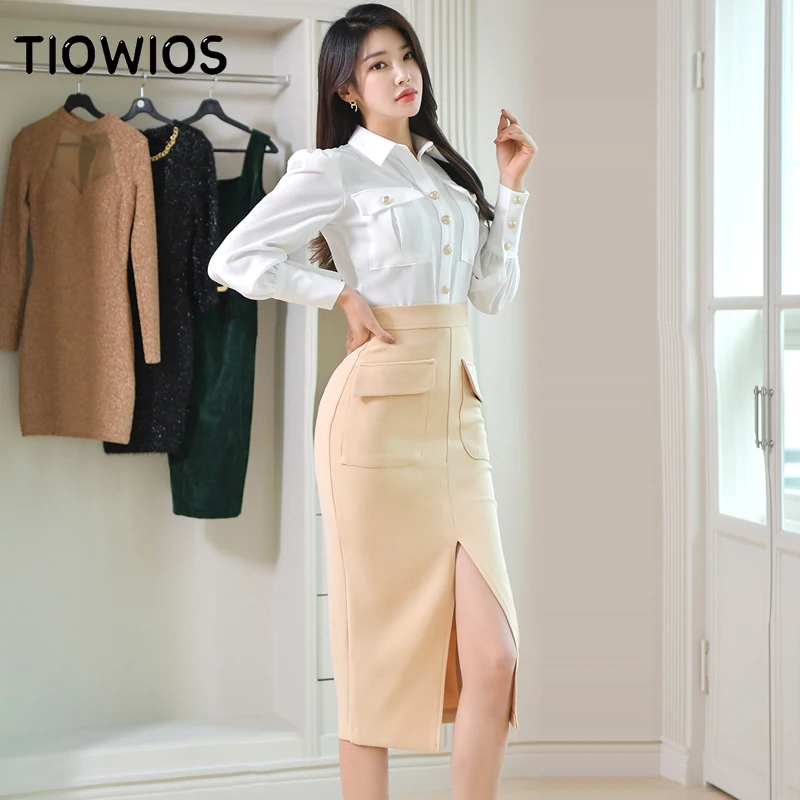 

Новинка, Женский комплект из двух предметов, рубашка и юбка в Корейском стиле с разрезом