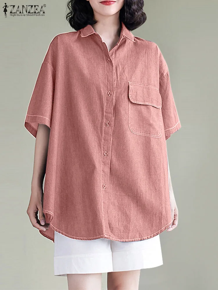 

ZANZEA Leisure Denim Chemise Oversized Short Sleeve Basic Summer Shirts Women BF Style Button Up Lapel Tops Causal Loose Blouses
