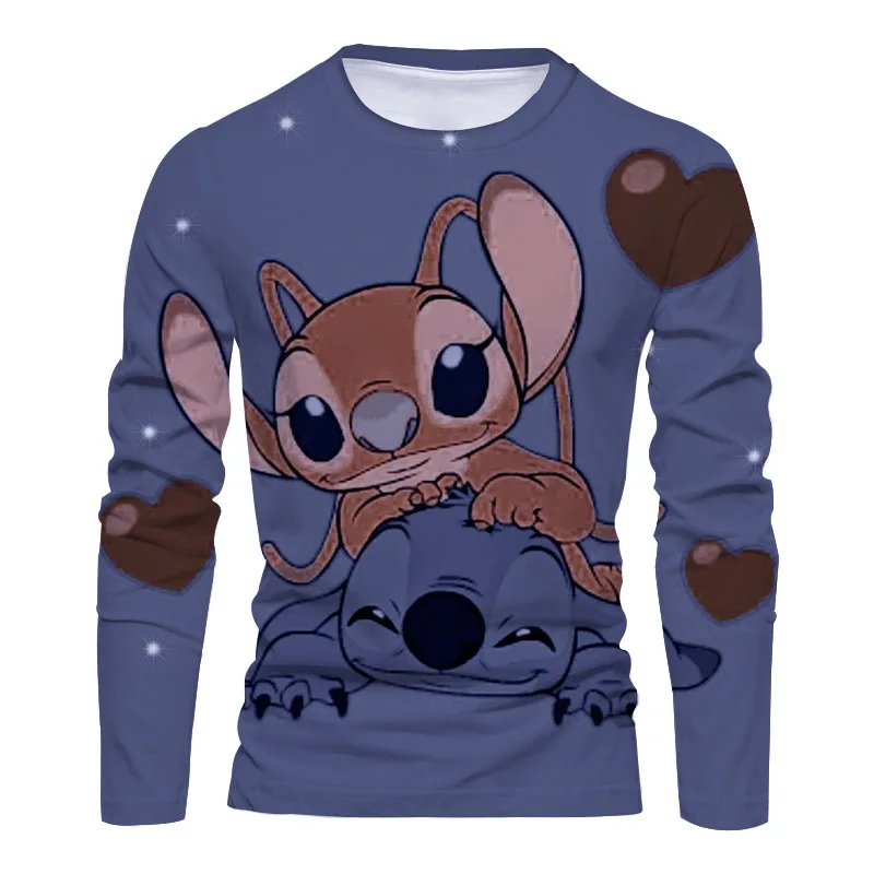 Fall 2024 Disney Brand Stitch and Donald Duck Anime 3D Printed New Beach Party Casual Trend Men's Crew Neck Long Sleeve T Shirt