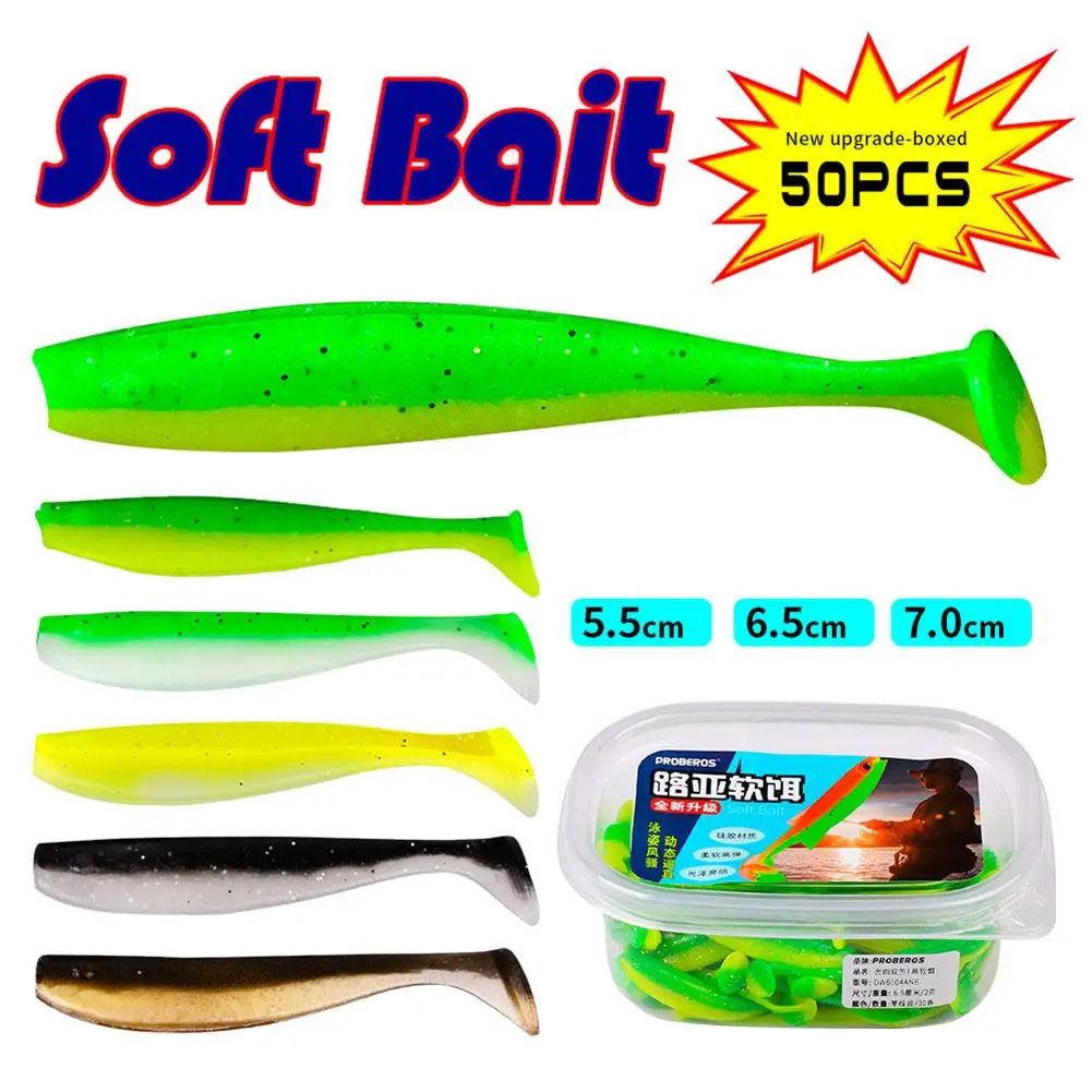 

2023 50pcs Portable Soft Bait Set 5 Colors T-tail False Fishing Lures Suitable For Freshwater Saltwater