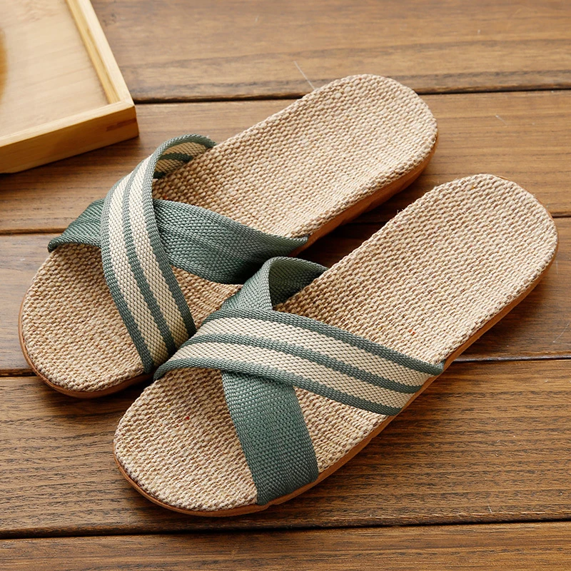 Тапочки льняные домашние на толстой подошве модные Нескользящие и не