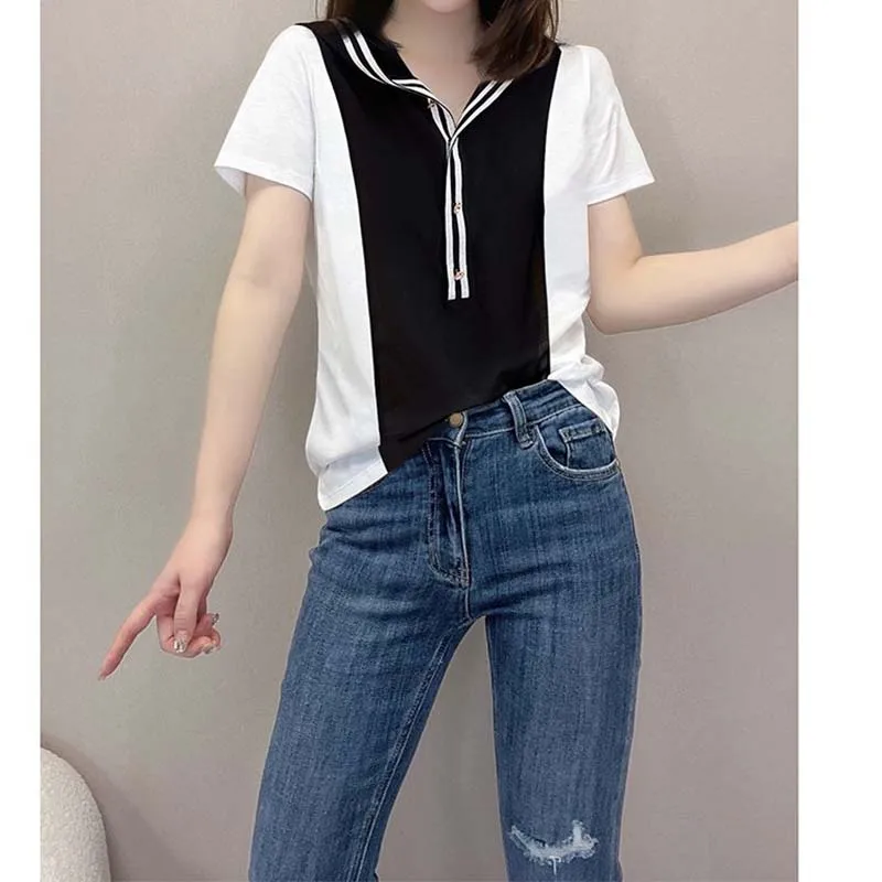 

Summer Women Clothing Trend Sailor Collar Elegant Office Lady T-shirt Casual Fashion Cotton Short Sleeve Slim All-match Top Tee