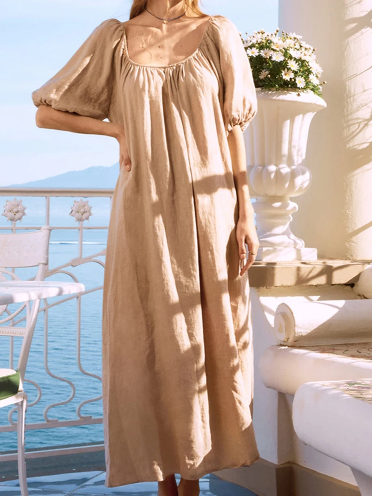 

New Summer Solid Color Loose Long Dress Women Casual Bubble Short Sleeve O Neck Dress Fashion Cotton Linen Office Ladies Dresses
