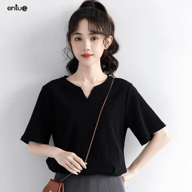 

Brand women's white pure cotton T-shirt Women's short sleeved summer loose fitting trend V-neck shirt casual bottom top