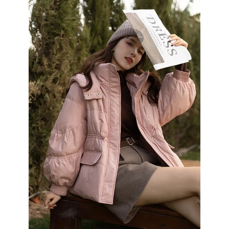 

Женский пуховик с капюшоном Loehsao, Модная приталенная куртка на 2023 белом утином пуху, свободная женская зимняя куртка, розовые короткие парки, 90%