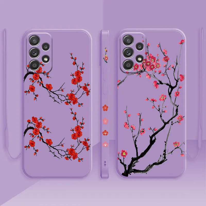 

Luxury Square Liquid Phone Case for Samsung Galaxy A12 A51 A71 A73 A53 A21 A13 A31 A41 Funda Red Flower Plum Blossom Wintersweet