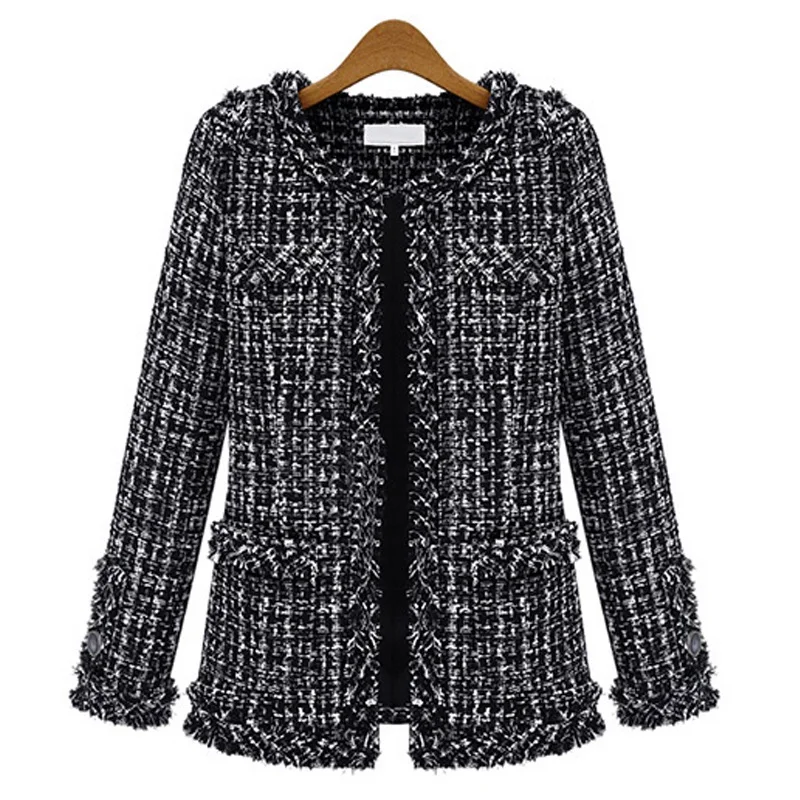 

Coat Women XXL Size Elegant Long Sleeve Plaid Jacket Female Vintage Tassel Tweed Wool Blends Black 2023 Autumn Winter
