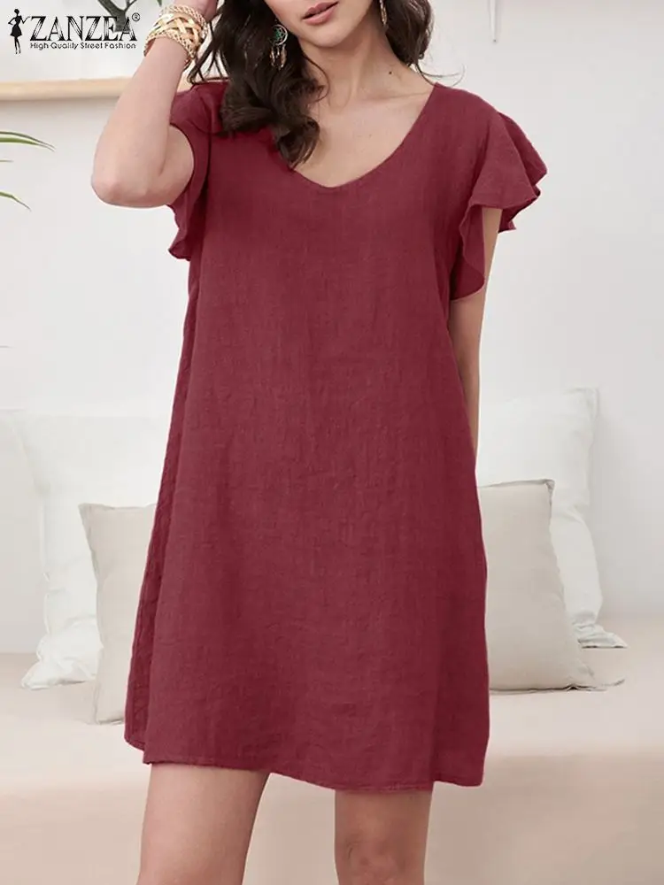 

2023 ZANZEA Stylish Solid Color Dress Woman Cotton Ruffles Mini Robe Female Short Sleeve Vestidos Summer Casual O-Neck Sundress