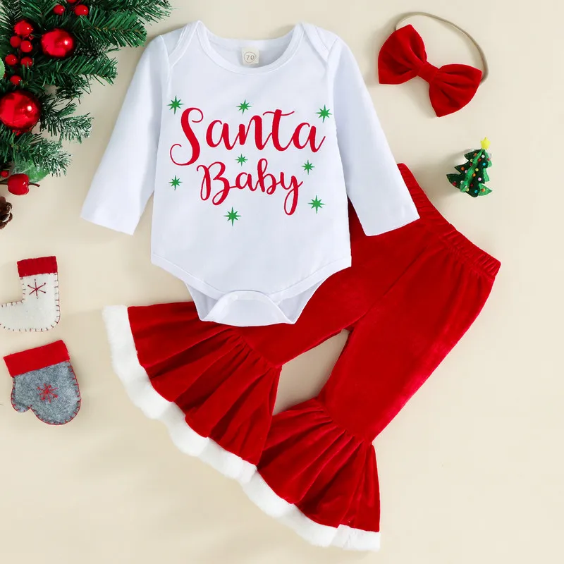 

Baby Christmas Outfit Girl Clothes Fall Winter Long Sleeve Jumpsuits Bell-Bottoms Trousers Headband Baby Items 0 to 18 Months