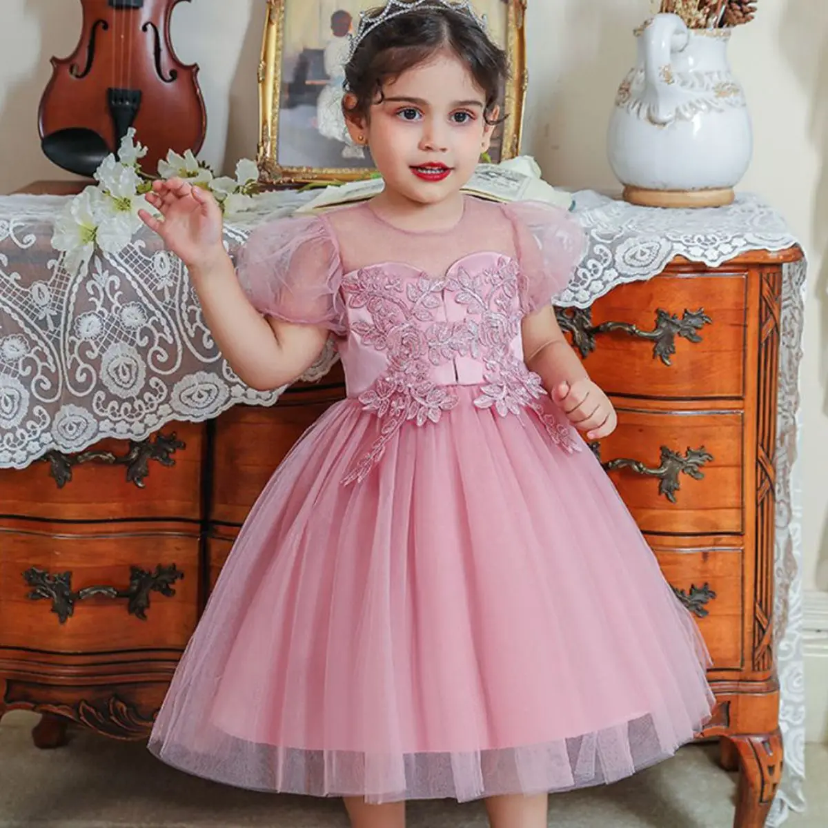 

hibobi Girls Princess Dresses Sweet Toddler Embroidered Mesh Bowknot Decor Puff Sleeve Dress Cute Birthday Party Clothes 1-5Y