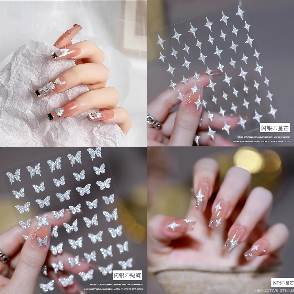 

1Sheet Reflective Glitter 3D Broken Drill Nail Decal Sticker (8*10cm)Self-Adhesive Slider Star/Heart Laser Nail Decor Stickers