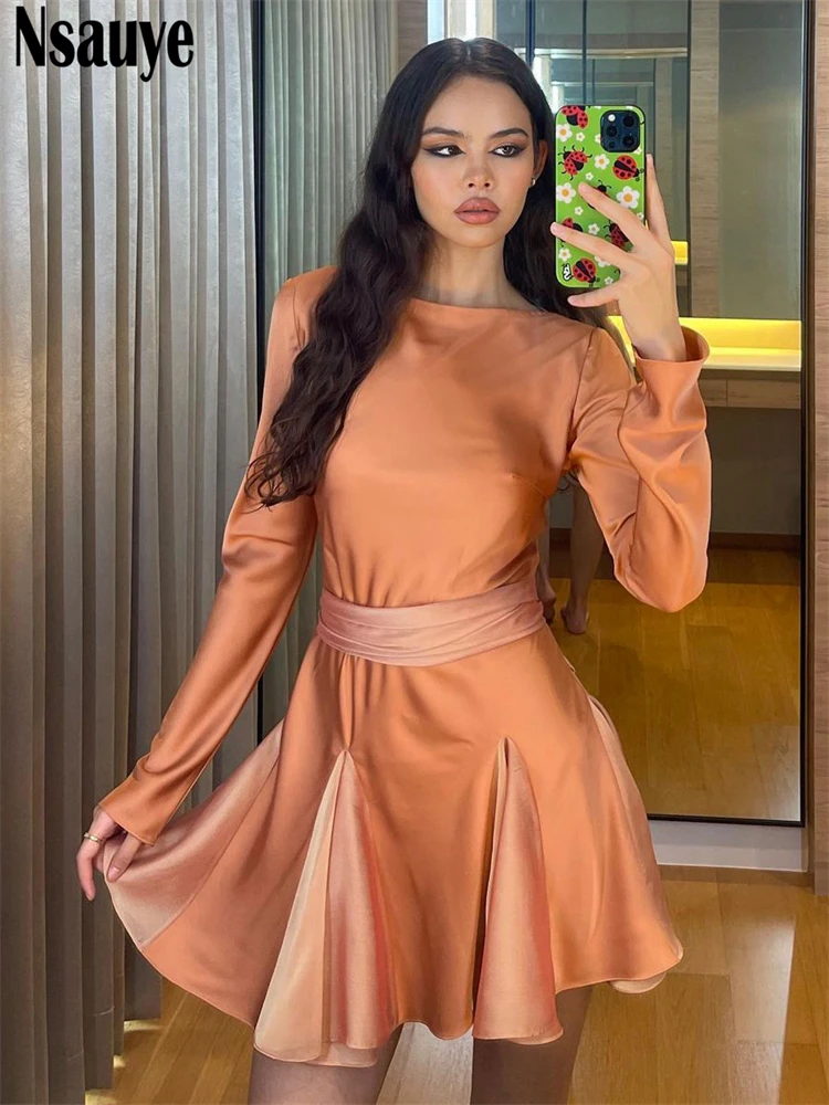 

Nsauye A-line Women Sexy Long Sleeve Orange Mini Wrap Fashion Pleated Dress Autumn 2022 Bow Night Club Party Short Dress