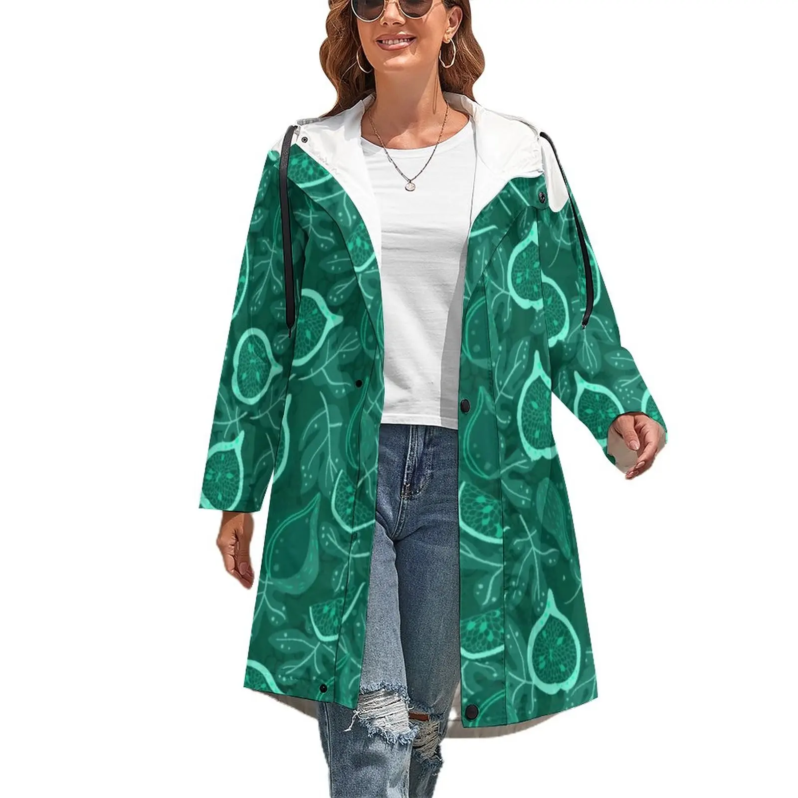 

Женское зимнее пальто с принтом в виде фруктов фигового дерева, длинный прямой Повседневный тренчкот зеленого цвета, ветровка свободного п...