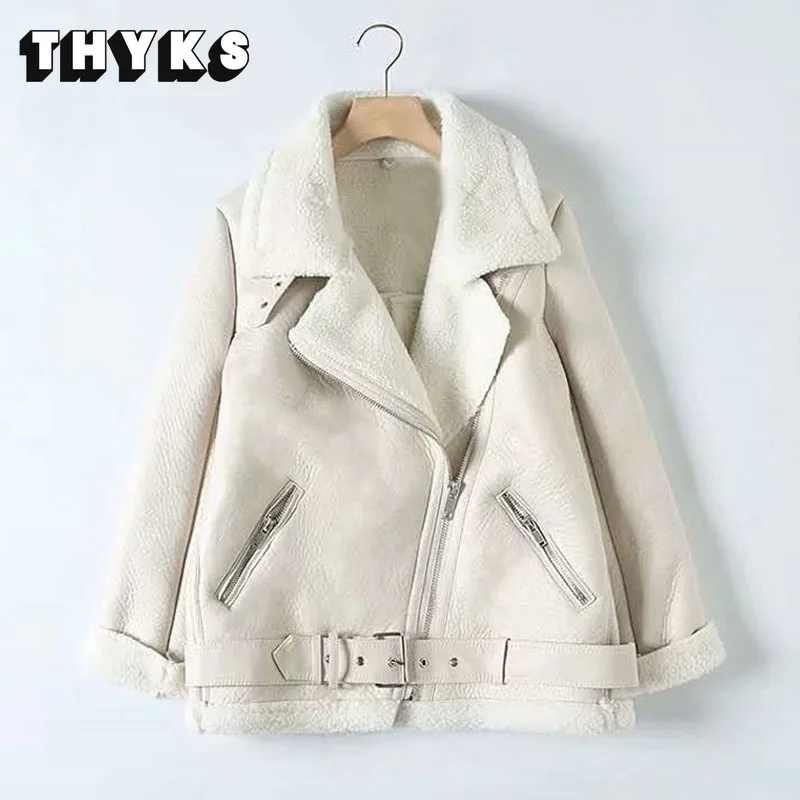

Winter Coats Women Thicken Faux Leather Jacket Fur Collar Sheepskin Padded PU Moto Biker Bomber Black Jackets Retro Outwear