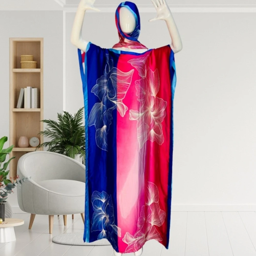 

New Fashion Bohemian O-Neck Floral Europea For Lady Free Size Loose Batwing Holiday Beach Cover Up Party Kaftan Dress