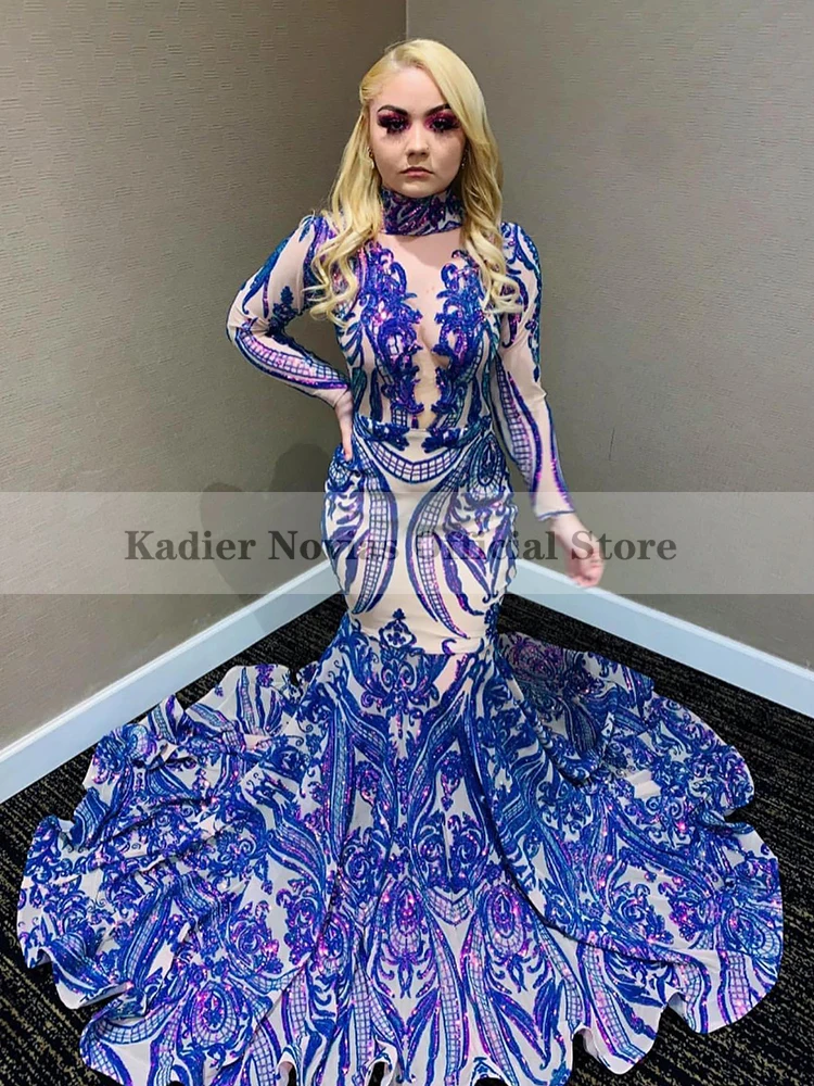 

KADIER NOVIAS Long Sleeves Purple High Neck Mermaid Prom Dresses 2022 Sequin Lace Evening Gown Vestidos De Fiesta