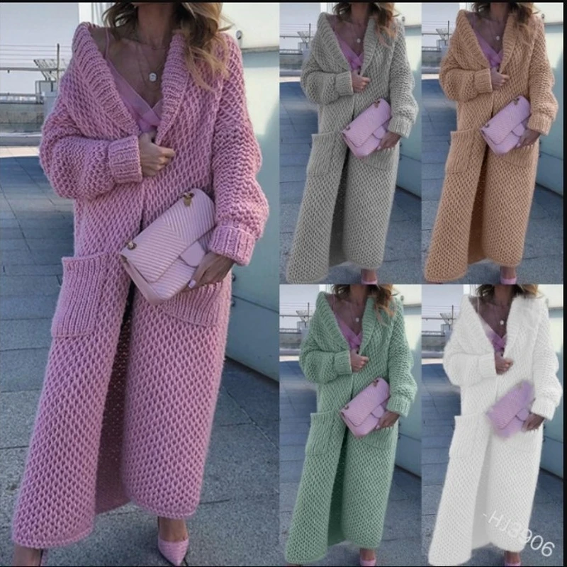 

Winter Lapel Knitted Cardigan Collage Solid Color Long Womens Sweater
