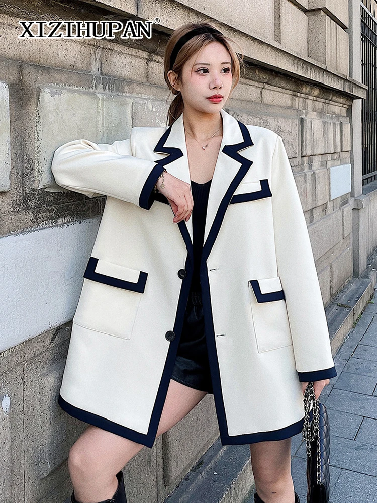 

XIZIHUPAN Korean Style Colorblock Blazer For Women Notched Long Sleeve Single Breasted Loose Blazers Female Autumn Fashion New