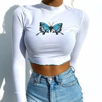 blue butterfly top y2k spring summer clothes for women sexy long sleeve tees crop top t shirt oversize casual harajuku tshirt