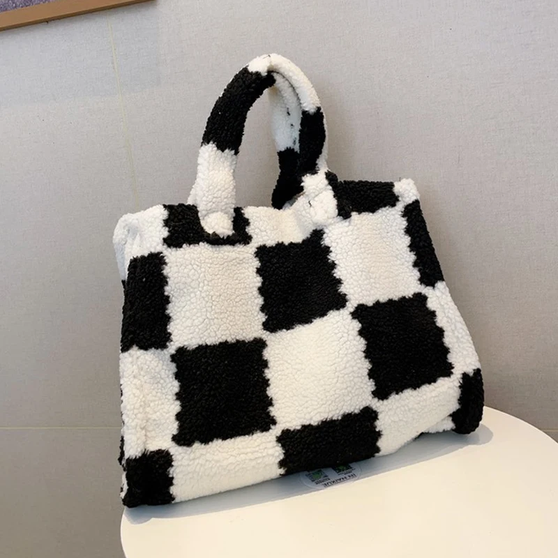 

Faux Fur Plaid Leopard Print Tote Bags For Women Luxury Designer Handbag And Purse 2023 New In Large Capacity Plush Shoulder