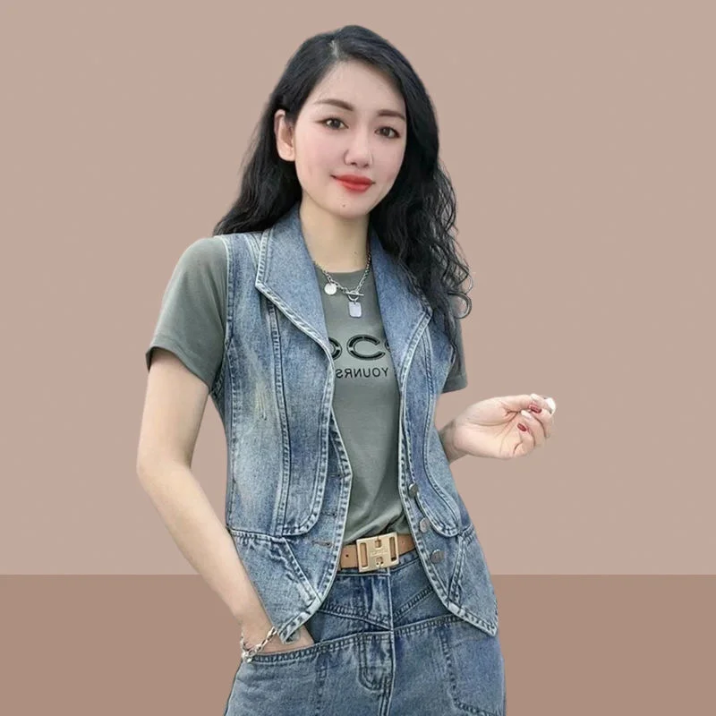 

2023 Spring Summer New Women's Denim Vest Fashionable Sleeveless Coat Casual Slim Female Waistcoat