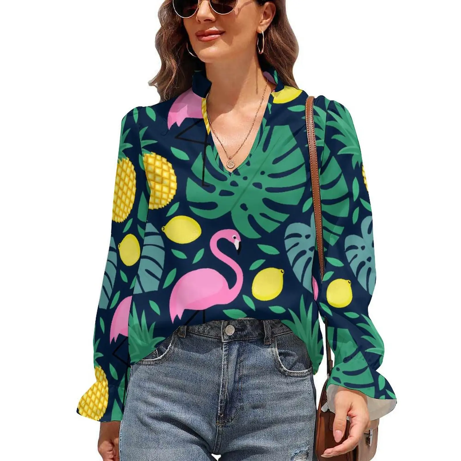

Funny Palm Leaves Blouse Pineapple Flamingo Lemon Print Classic Chiffon Blouses Summer V Neck Kawaii Shirt Female Pattern Top