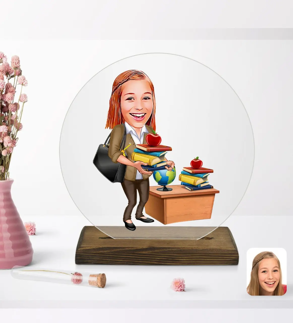 

Personalized women teacher cartoon-4 round wooden stand Biblo-4