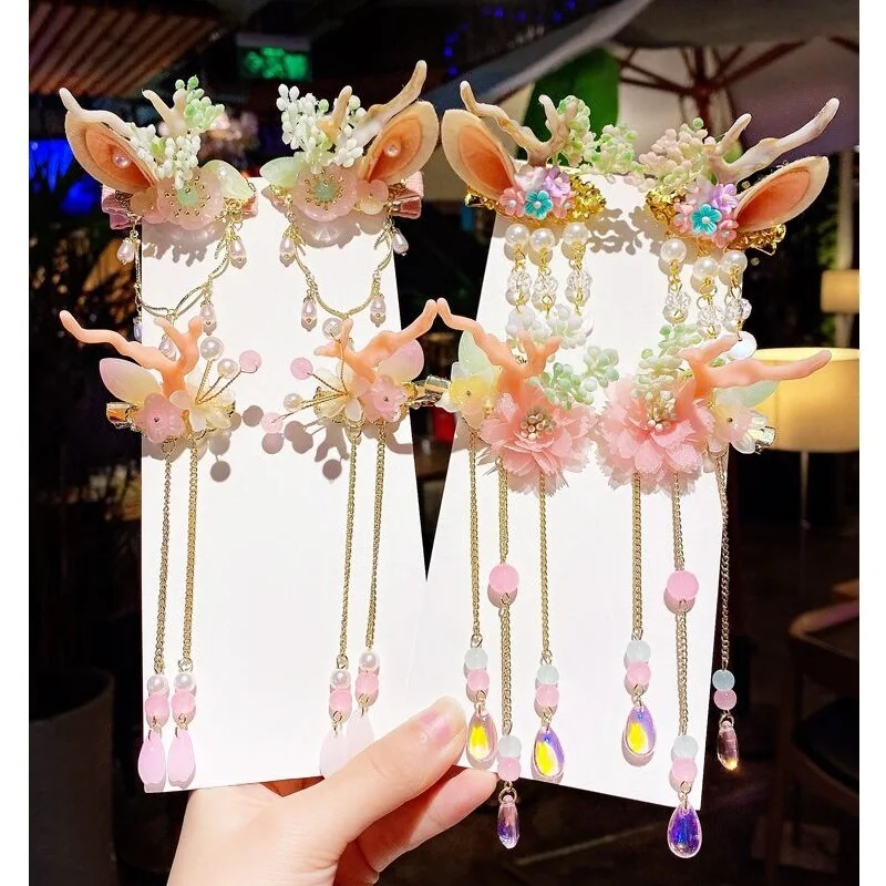 

2PCS Sweet Girl Qipao Hanfu Hair Clips Headdress Accessories Chinese Style Children Butterfly Flowers Duck Mouth Hairpin