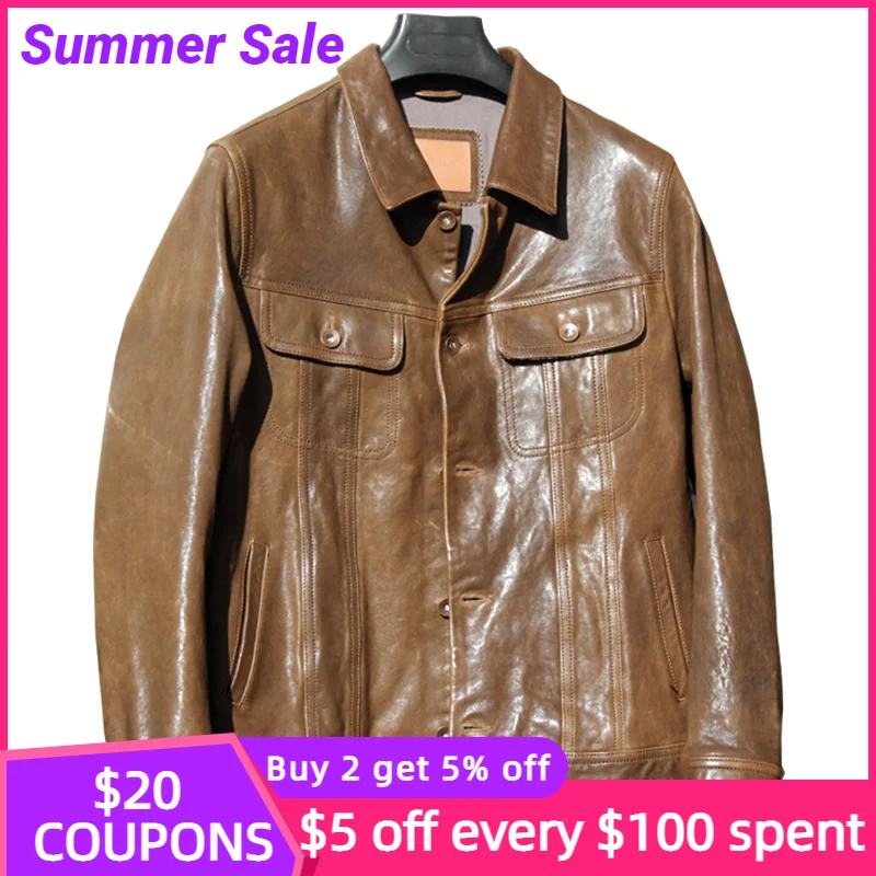 

Мужская повседневная кожаная куртка, коричневая однобортная приталенная осенняя куртка из натуральной овечьей шкуры размером 4XL, 2022